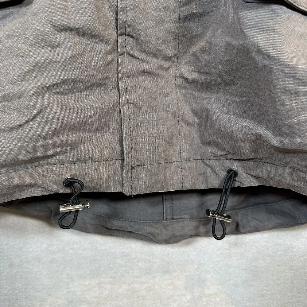 Pretty Green Gray Olive Button Hood Coat Parka Jacket Resin Coated Cargo Pockets